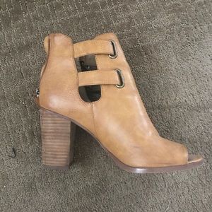 Tan leather booties with peep toe